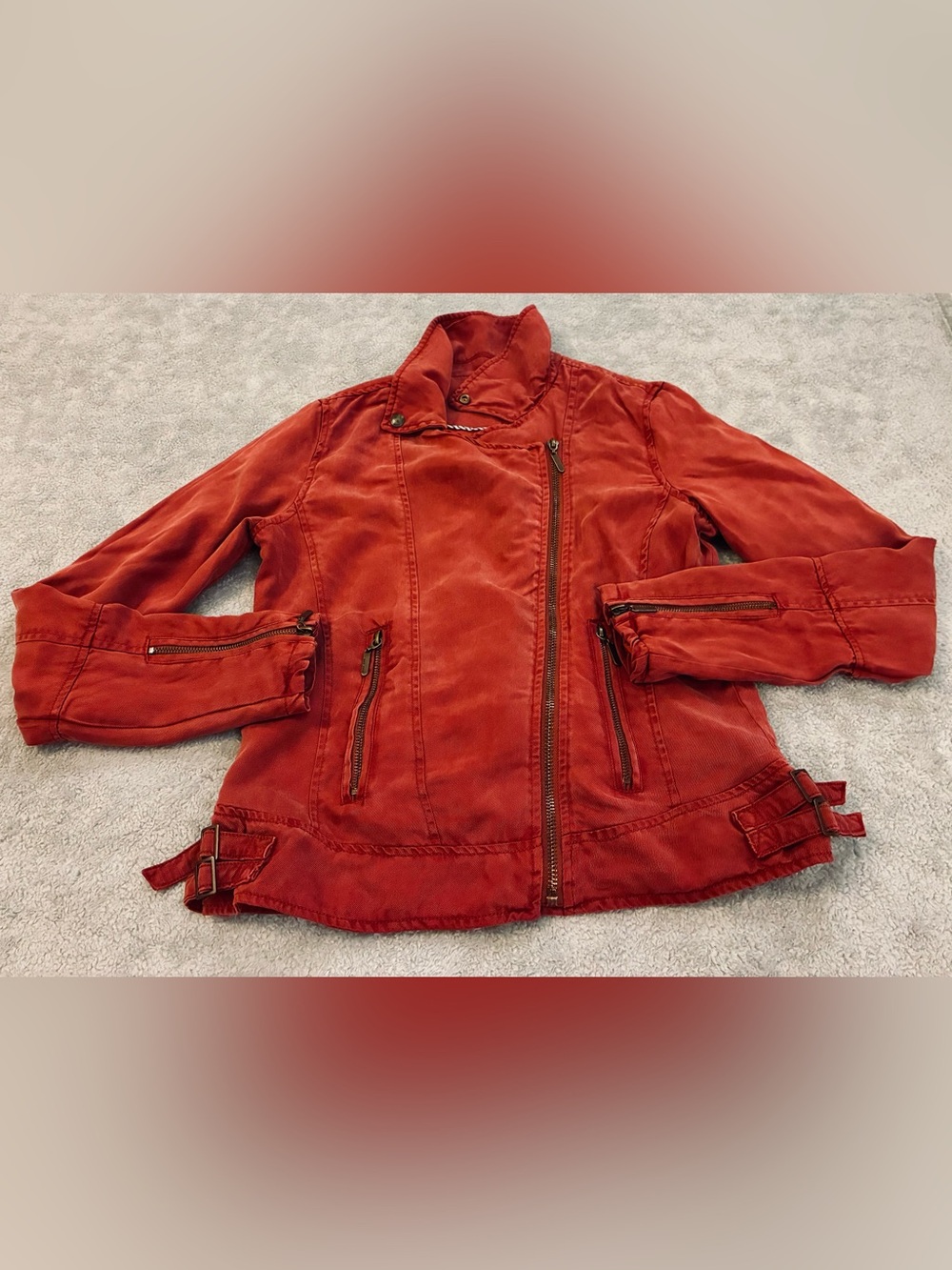 Women’s Max Jeans Tencel Moto Jacket Rust Red Full Zip Belted Size Small
